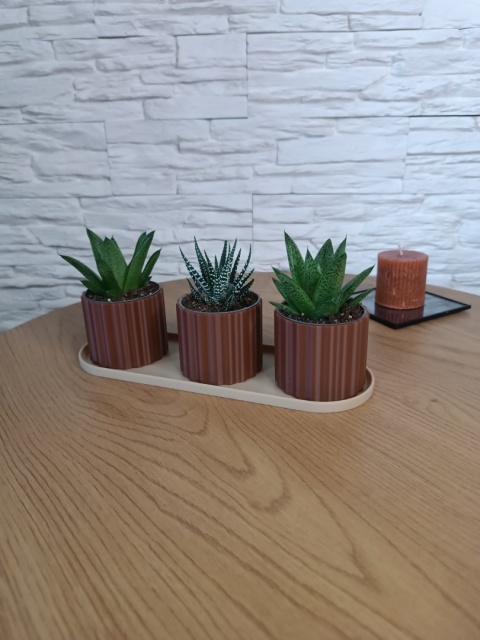 Zestaw 3 Doniczek Osłonek Kwietnik Potrójna Z Podstawką Brązowy Beżowy