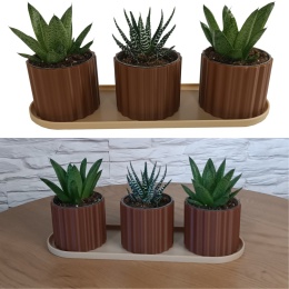 Zestaw 3 Doniczek Osłonek Kwietnik Potrójna Z Podstawką Brązowy Beżowy