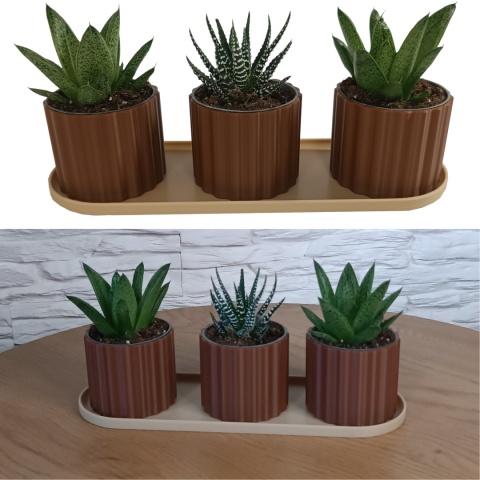 Zestaw 3 Doniczek Osłonek Kwietnik Potrójna Z Podstawką Brązowy Beżowy