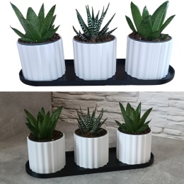 Zestaw 3 Doniczek Osłonek Kwietnik Potrójna Z Podstawką Czarny Biały