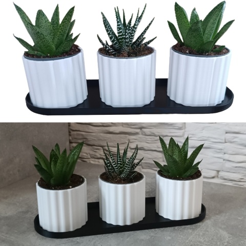 Zestaw 3 Doniczek Osłonek Kwietnik Potrójna Z Podstawką Czarny Biały